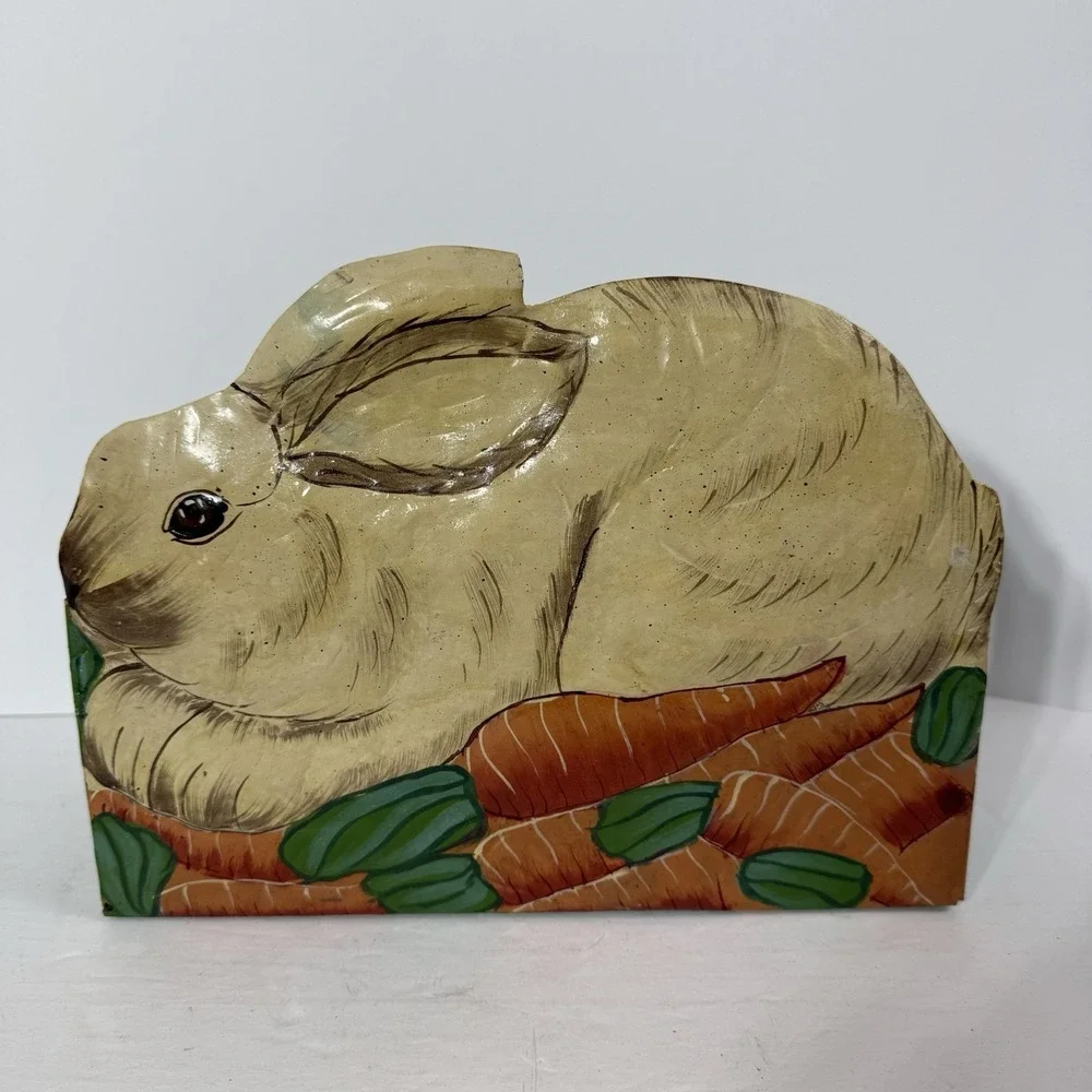 Vintage Toleware Hand Painted Folk Art Bunny Rabbit Wall Hook‎ Panel 2 Hooks.
